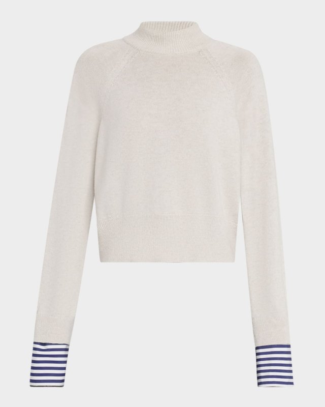 Mock-Neck Striped-Cuff Cashmere Knit Sweat